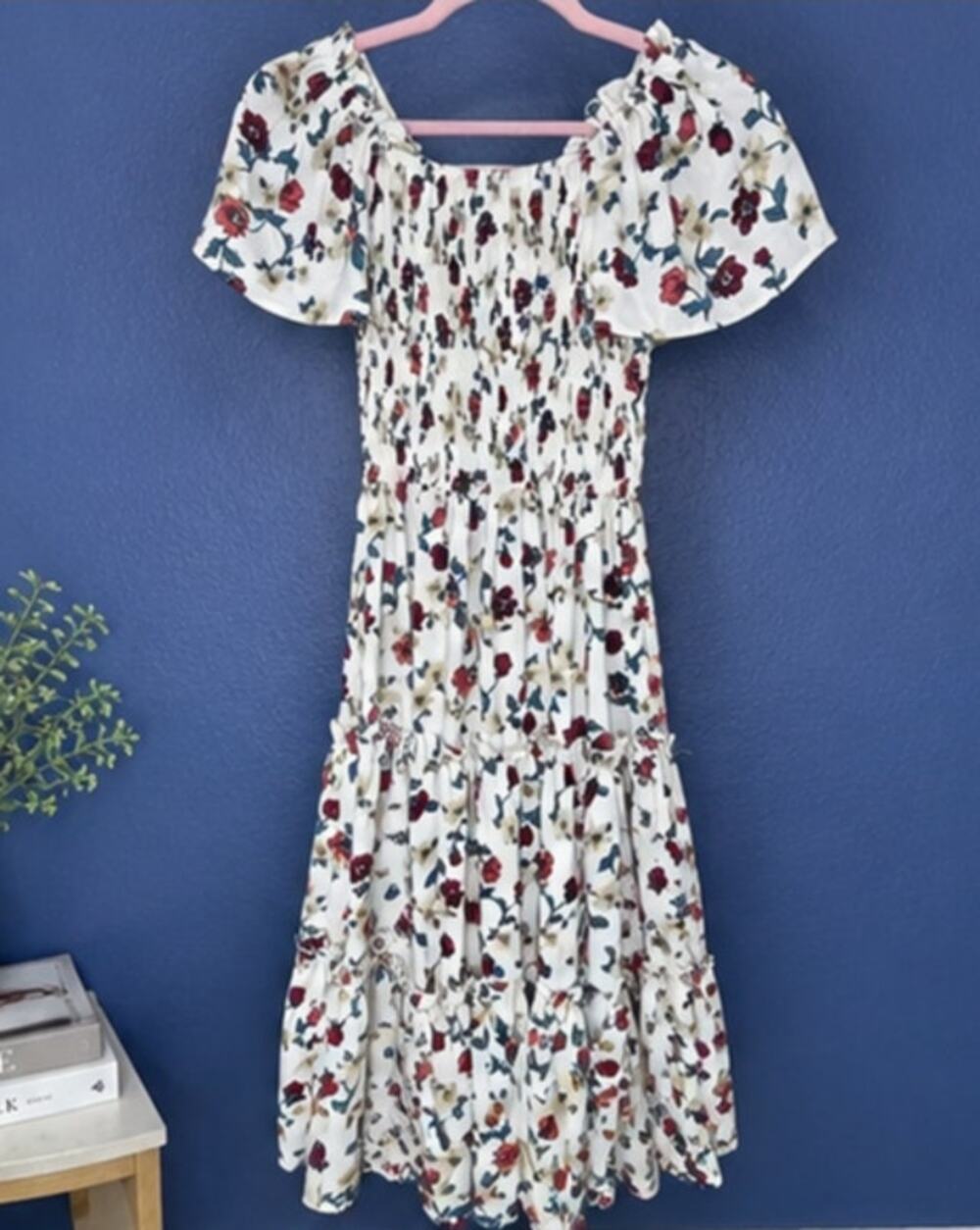 Ivy City Sweet Caroline Floral Smocked Puff Sleeve Tiered Midi Sun Dress 11/12Y